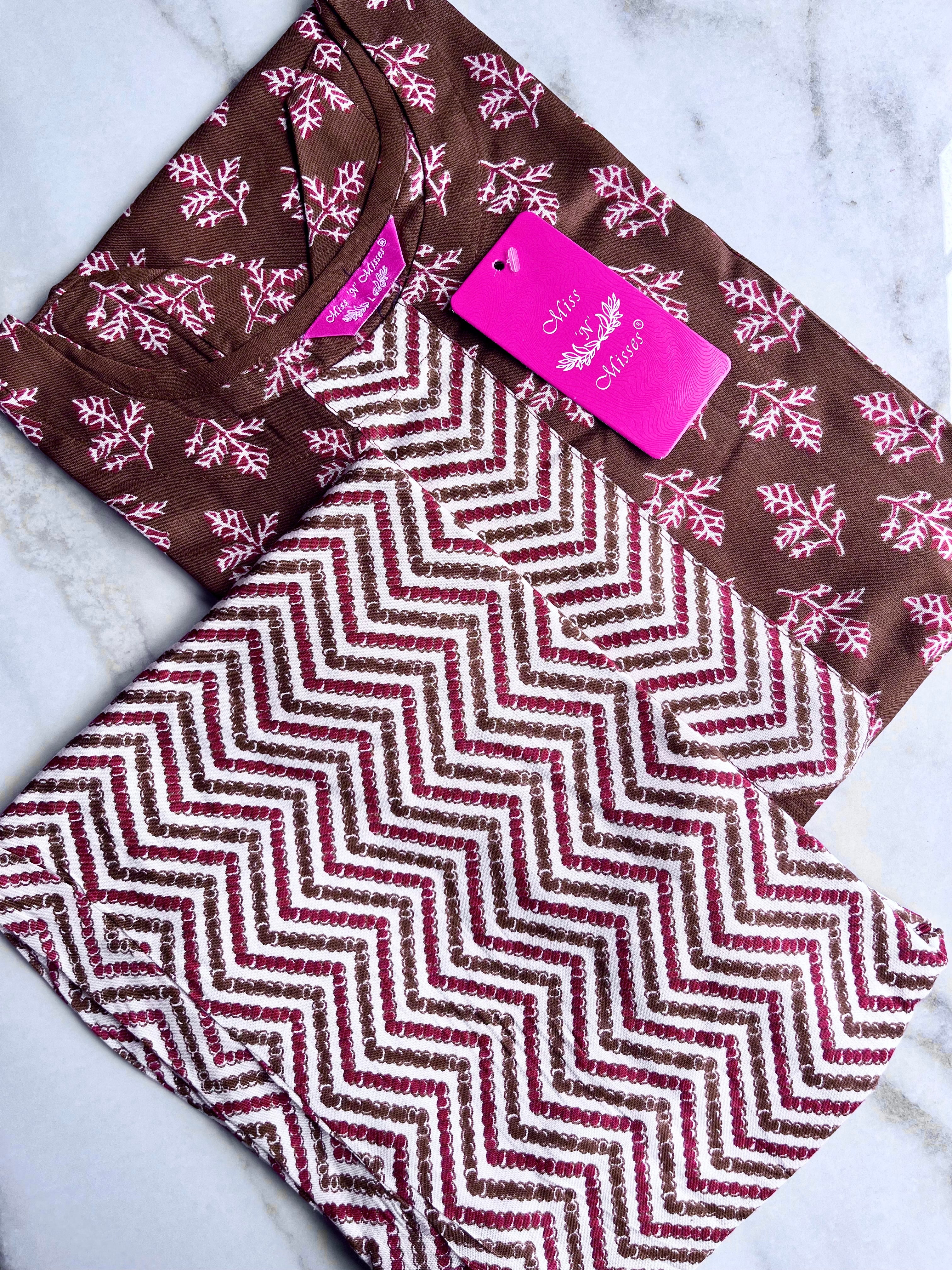 Brown Leaf Print Kurta With Pant