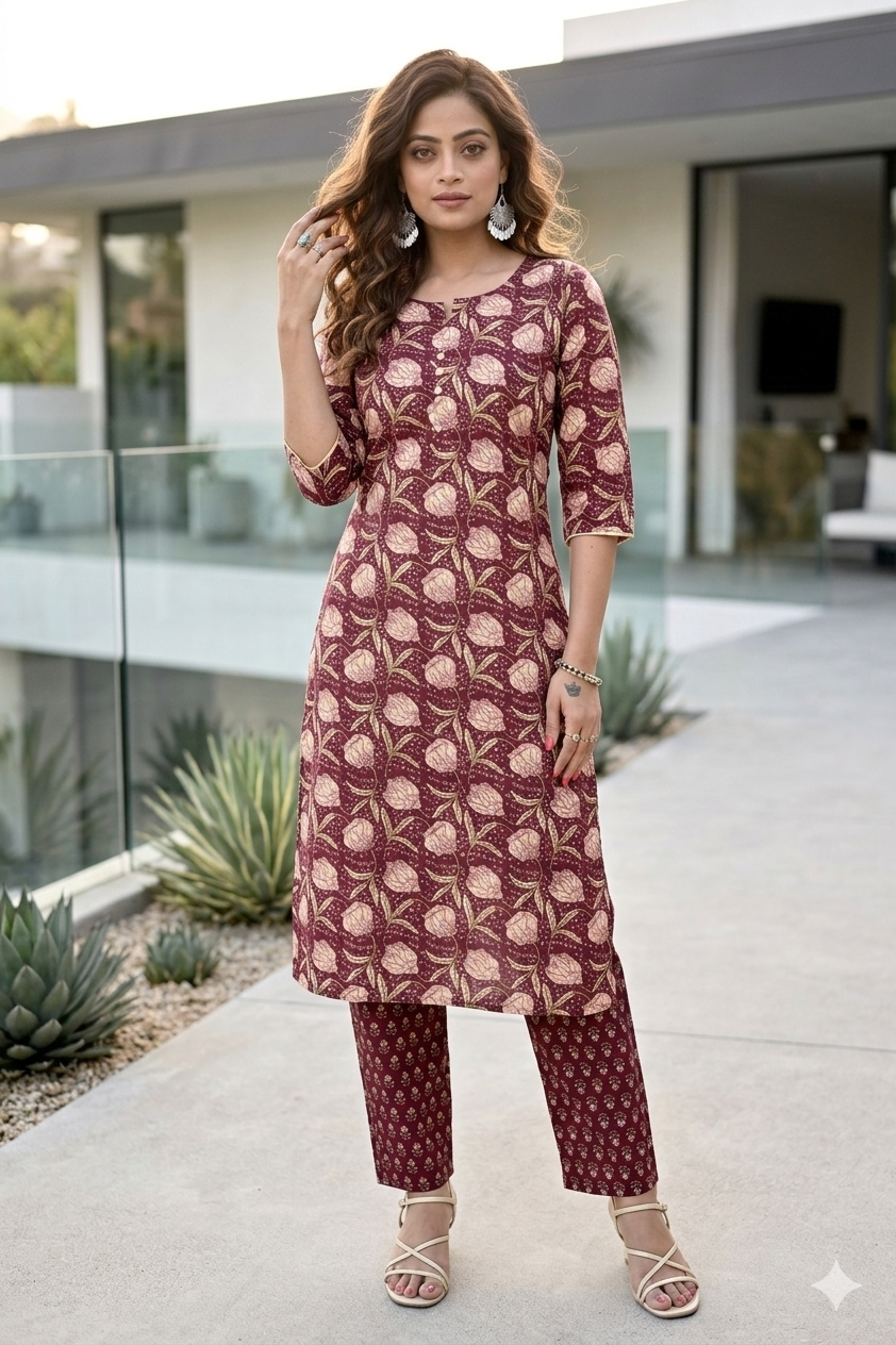 Purple Floral Print Kurta With Pant