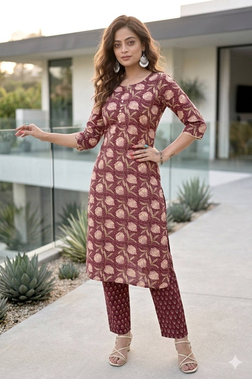 Purple Floral Print Kurta With Pant