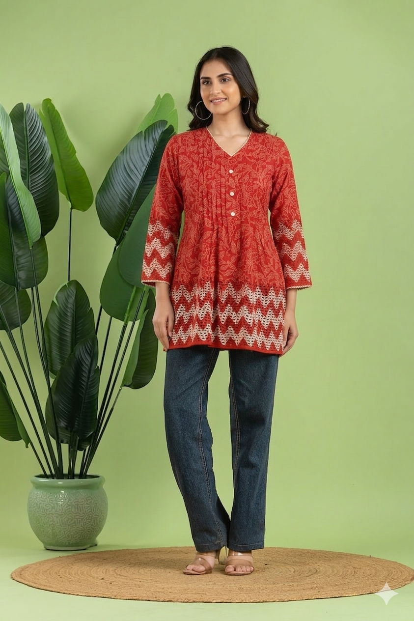 Red Floral Print Pleated Short Kurta