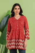 Red Floral Print Pleated Short Kurta