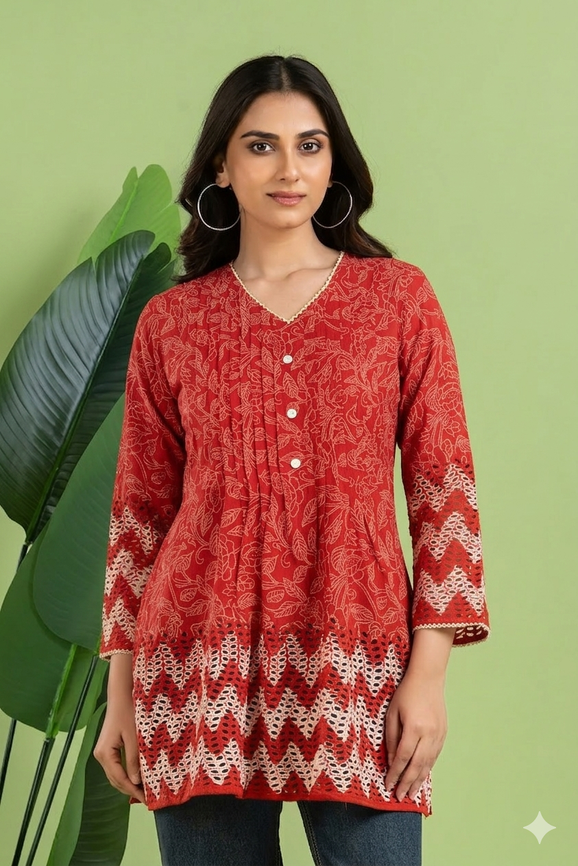 Red Floral Print Pleated Short Kurta
