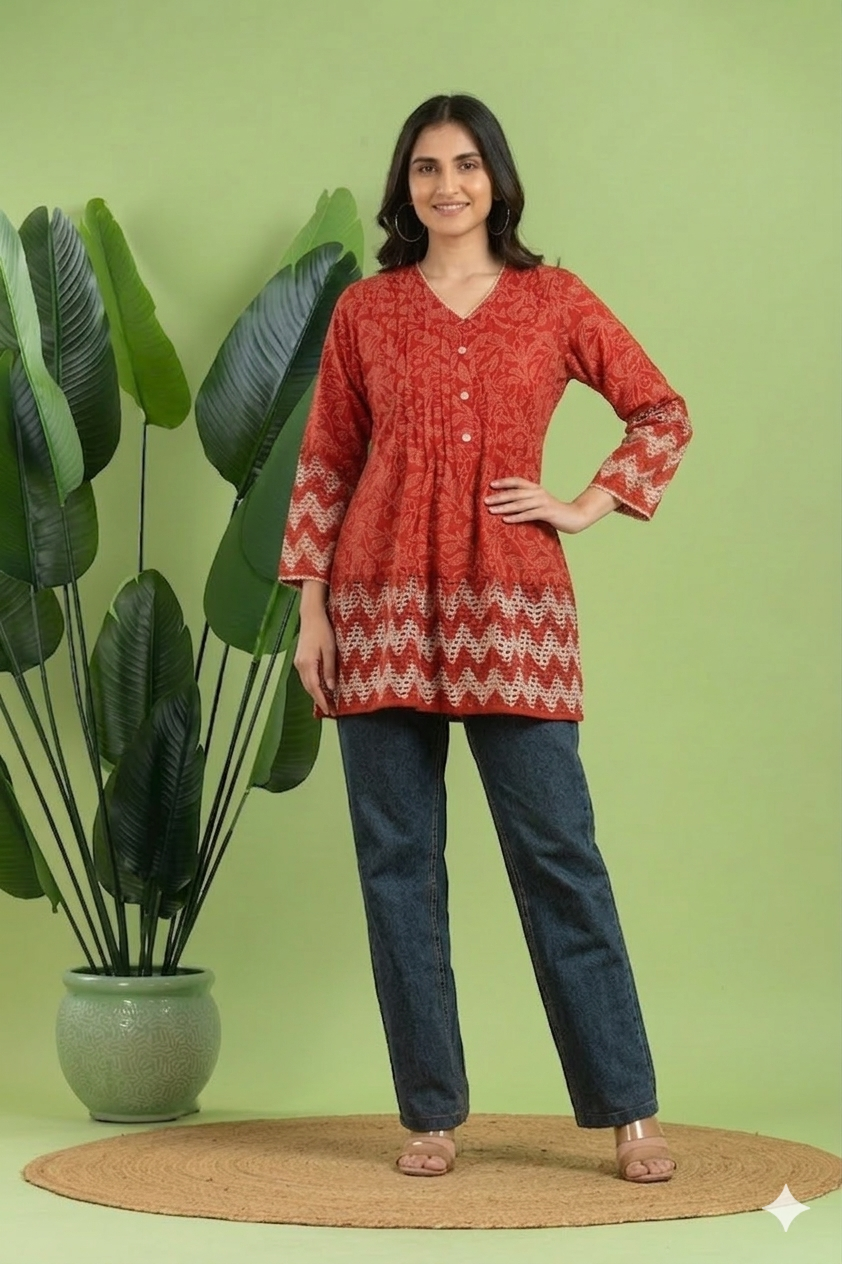Red Floral Print Pleated Short Kurta