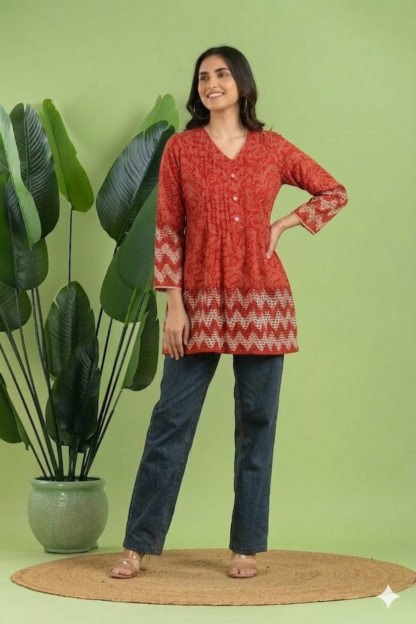 Red Floral Print Pleated Short Kurta