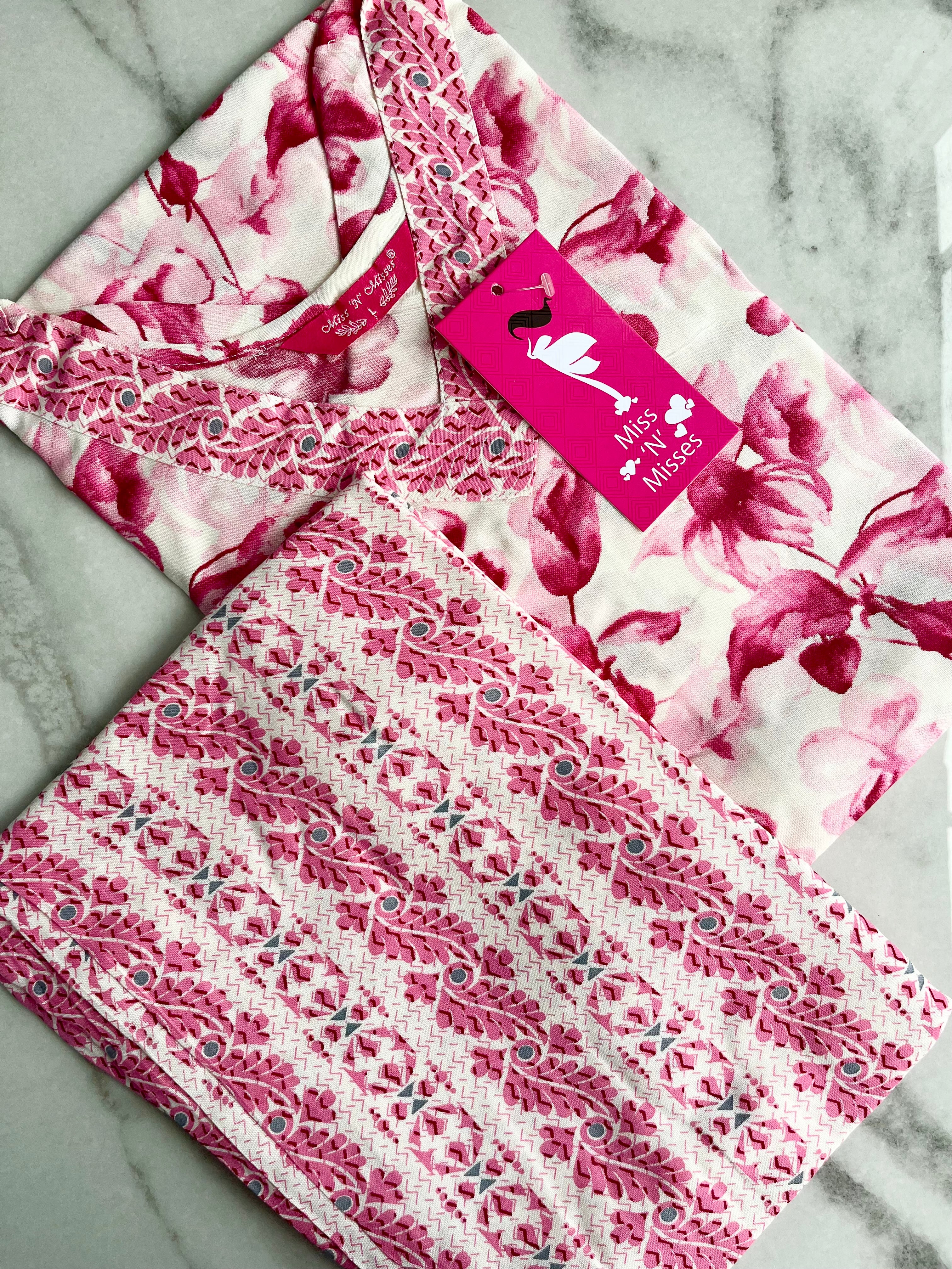 Pink Leaf Print Kurta With Pant