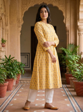 Yellow Floral Print A-Line Kurta