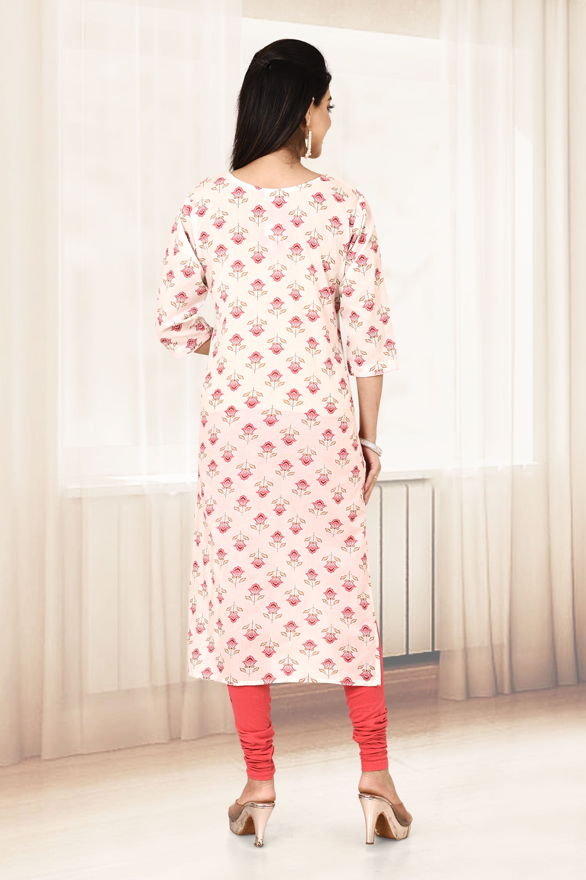 White & Pink Floral Print Straight Kurta