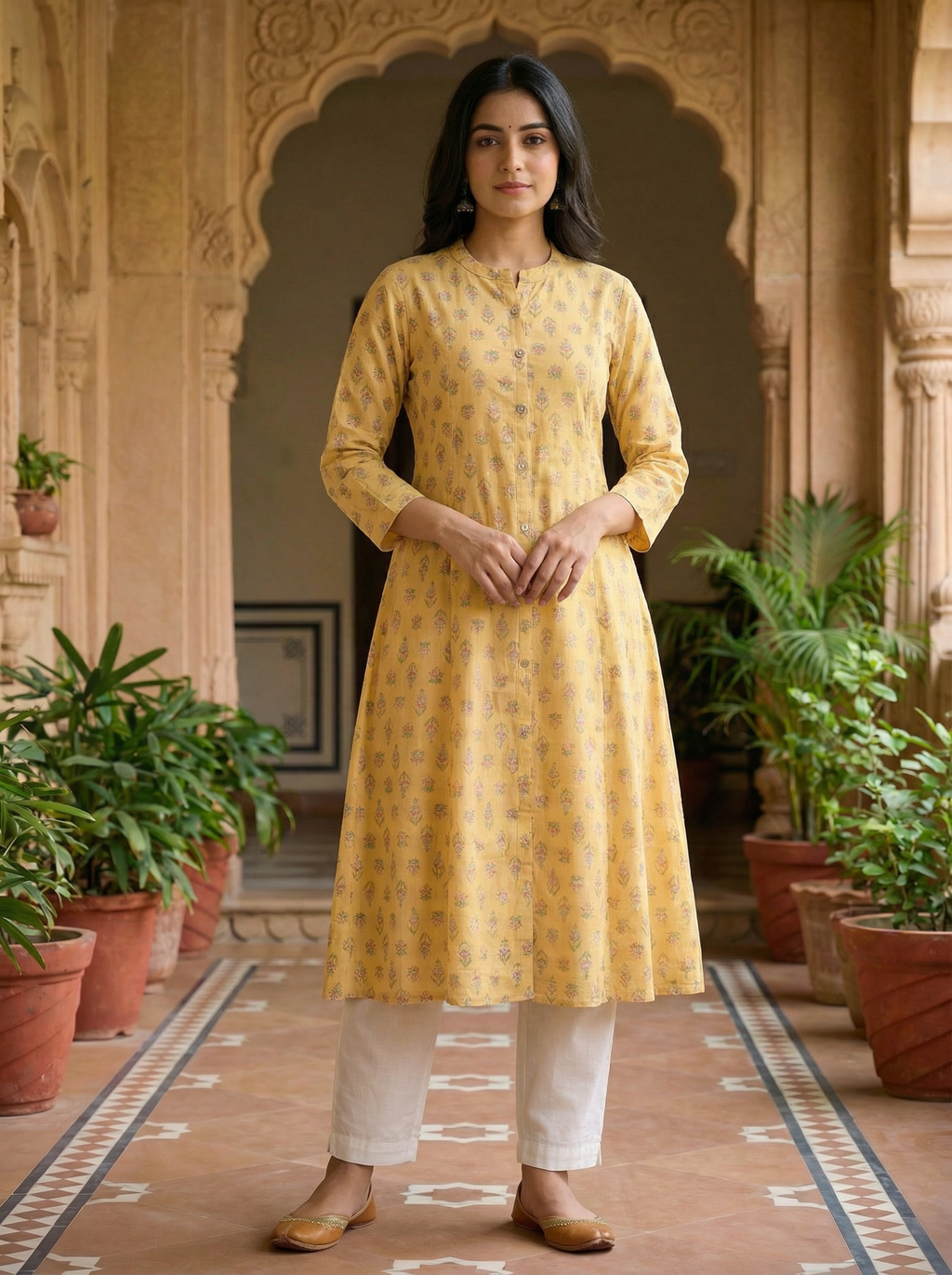 Yellow Floral Print A-Line Kurta