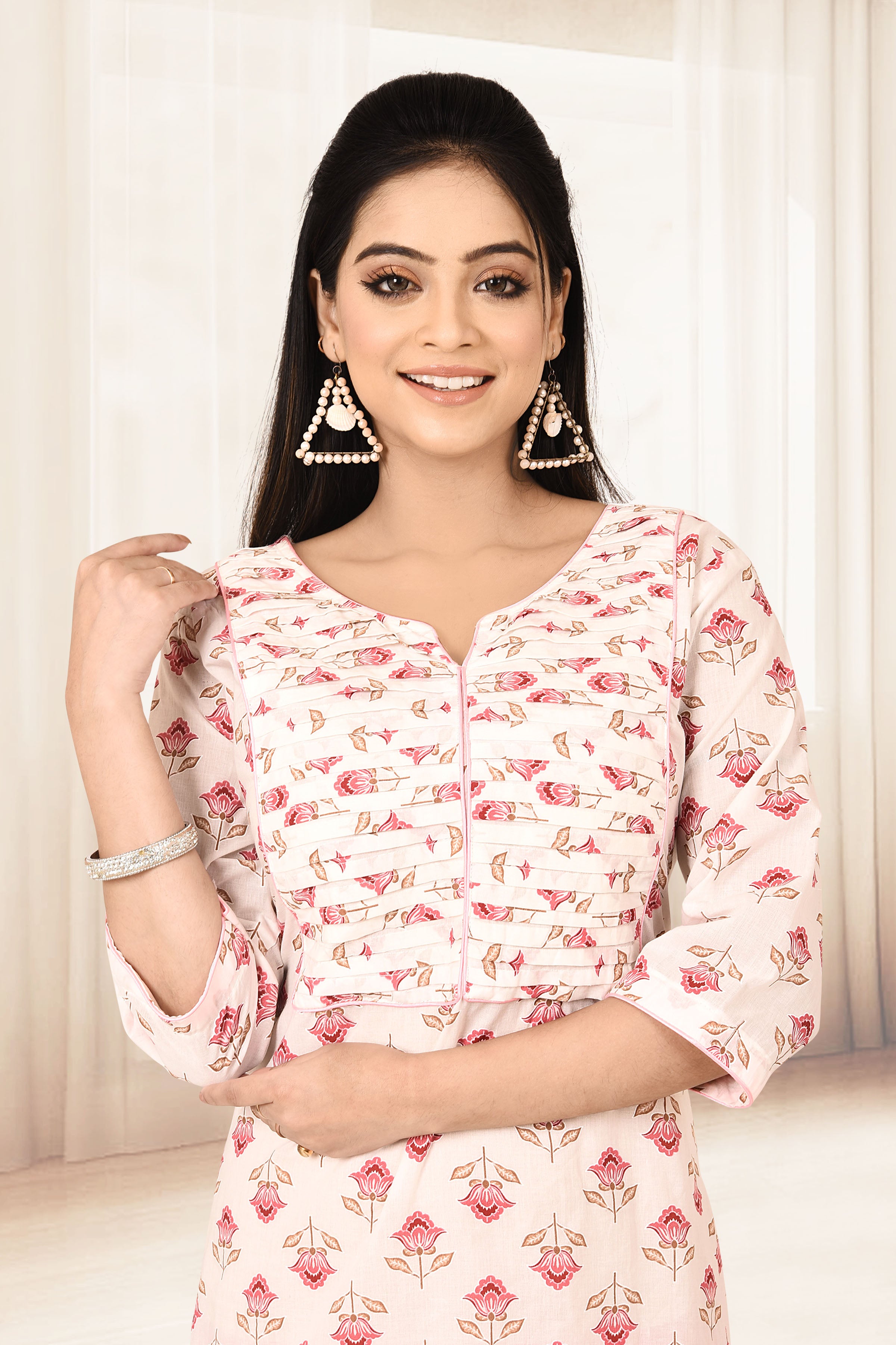 White & Pink Floral Print Straight Kurta
