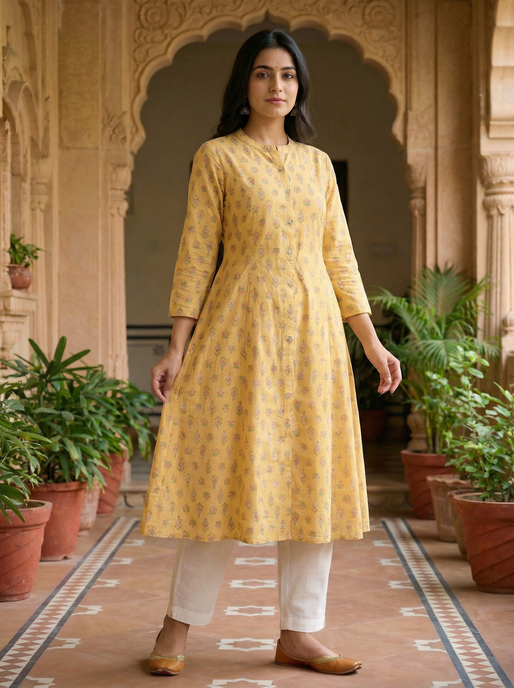 Yellow Floral Print A-Line Kurta