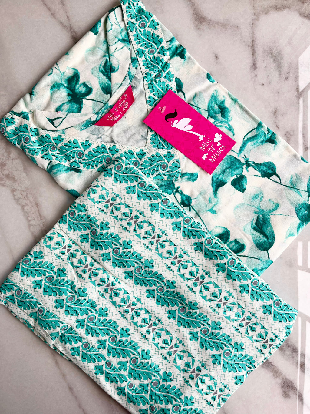 Turquoise Green Leaf Print Kurta With Pant