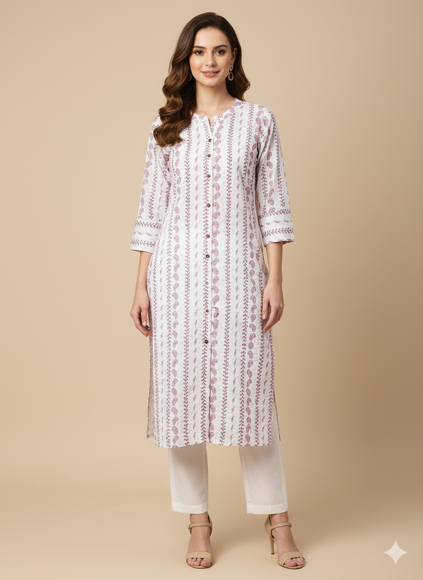 Off-White Paisley Print Straight Kurta