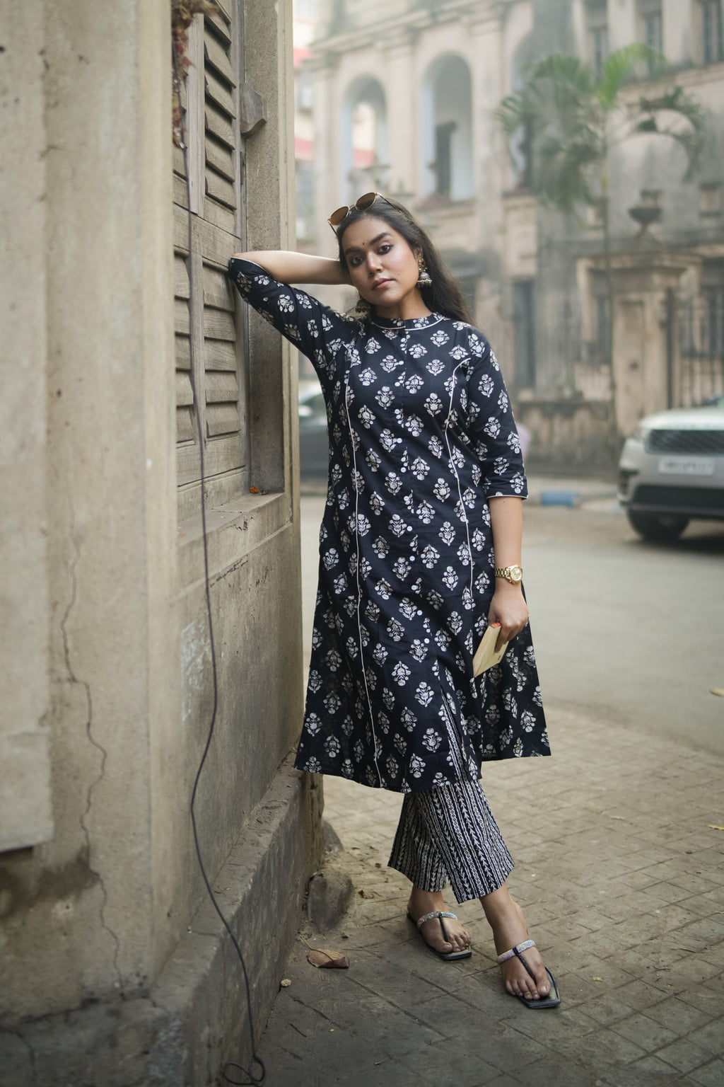 Jet Black Floral Print A-Line Kurta With Pant