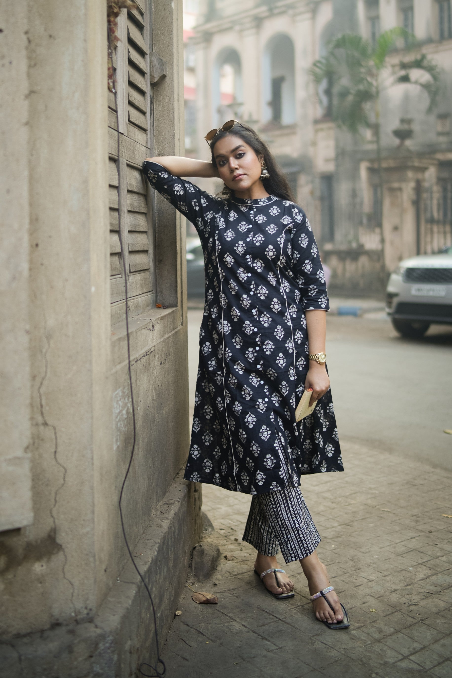 Jet Black Floral Print A-Line Kurta With Pant