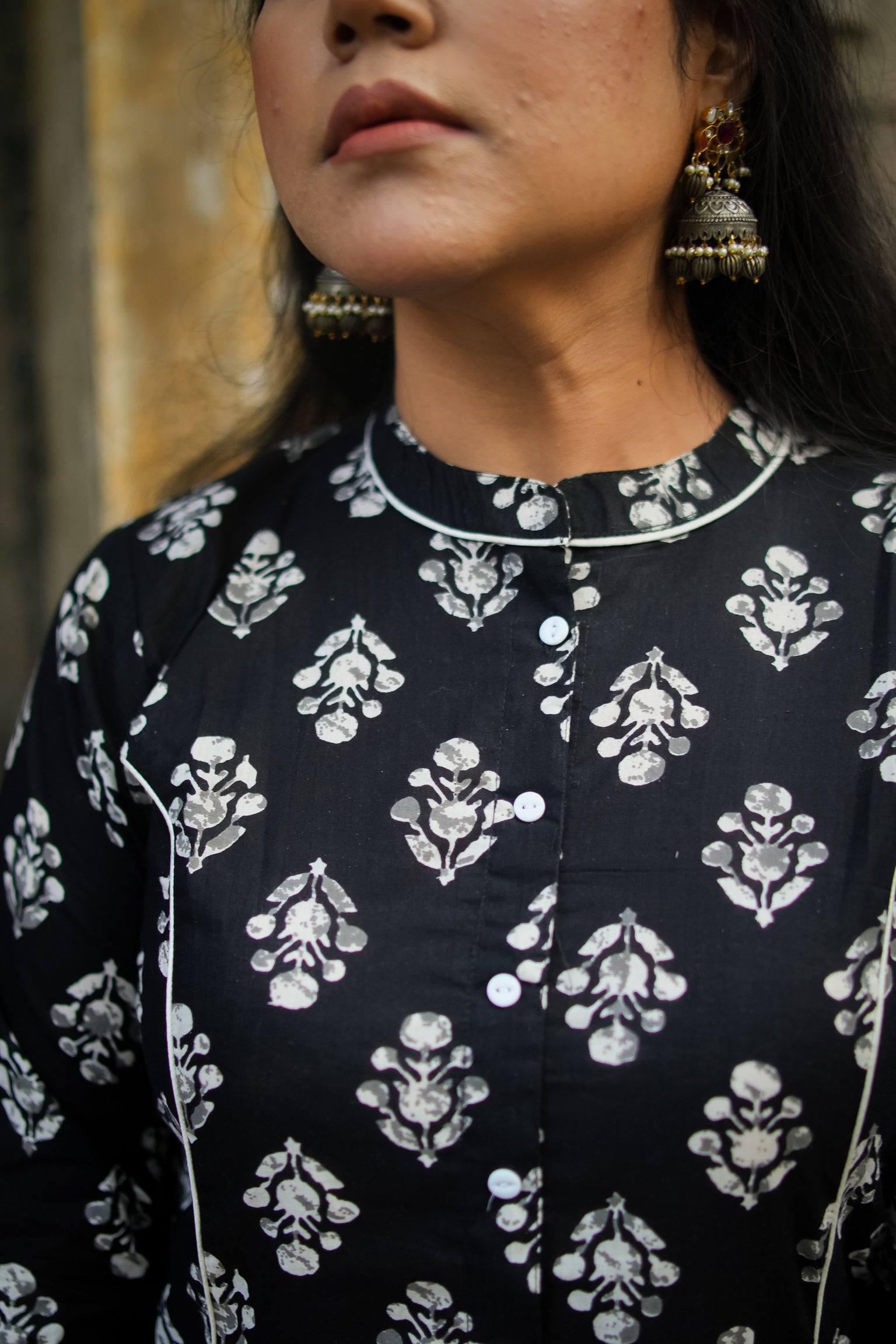 Jet Black Floral Print A-Line Kurta With Pant