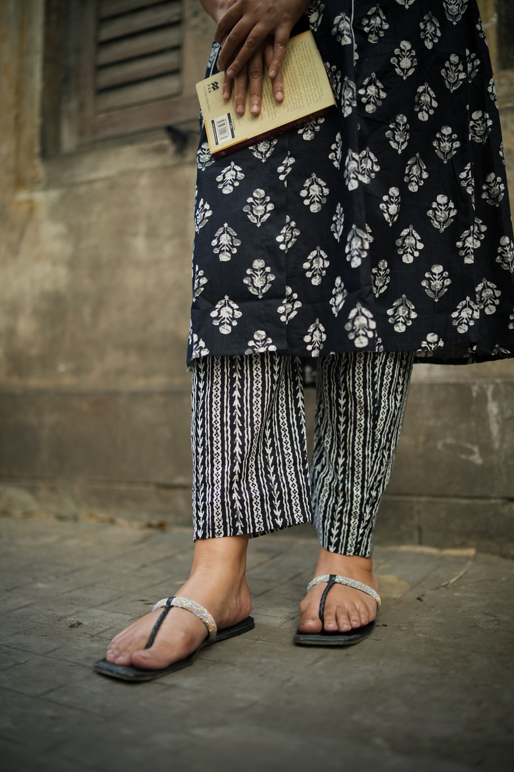 Jet Black Floral Print A-Line Kurta With Pant