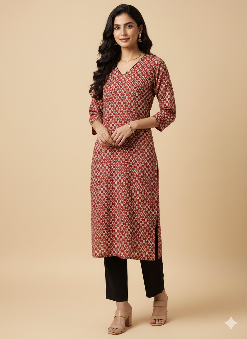 Maroon Floral Print Straight Kurta