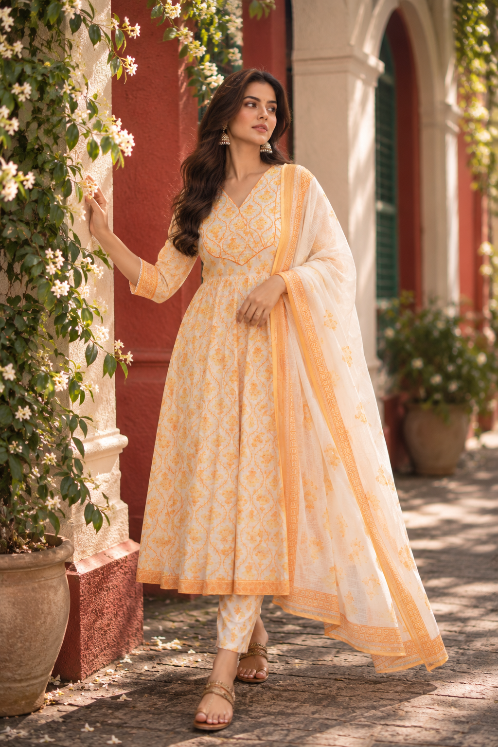 Yellow Floral Embroidered Anarkali Kurta with Pant & Dupatta