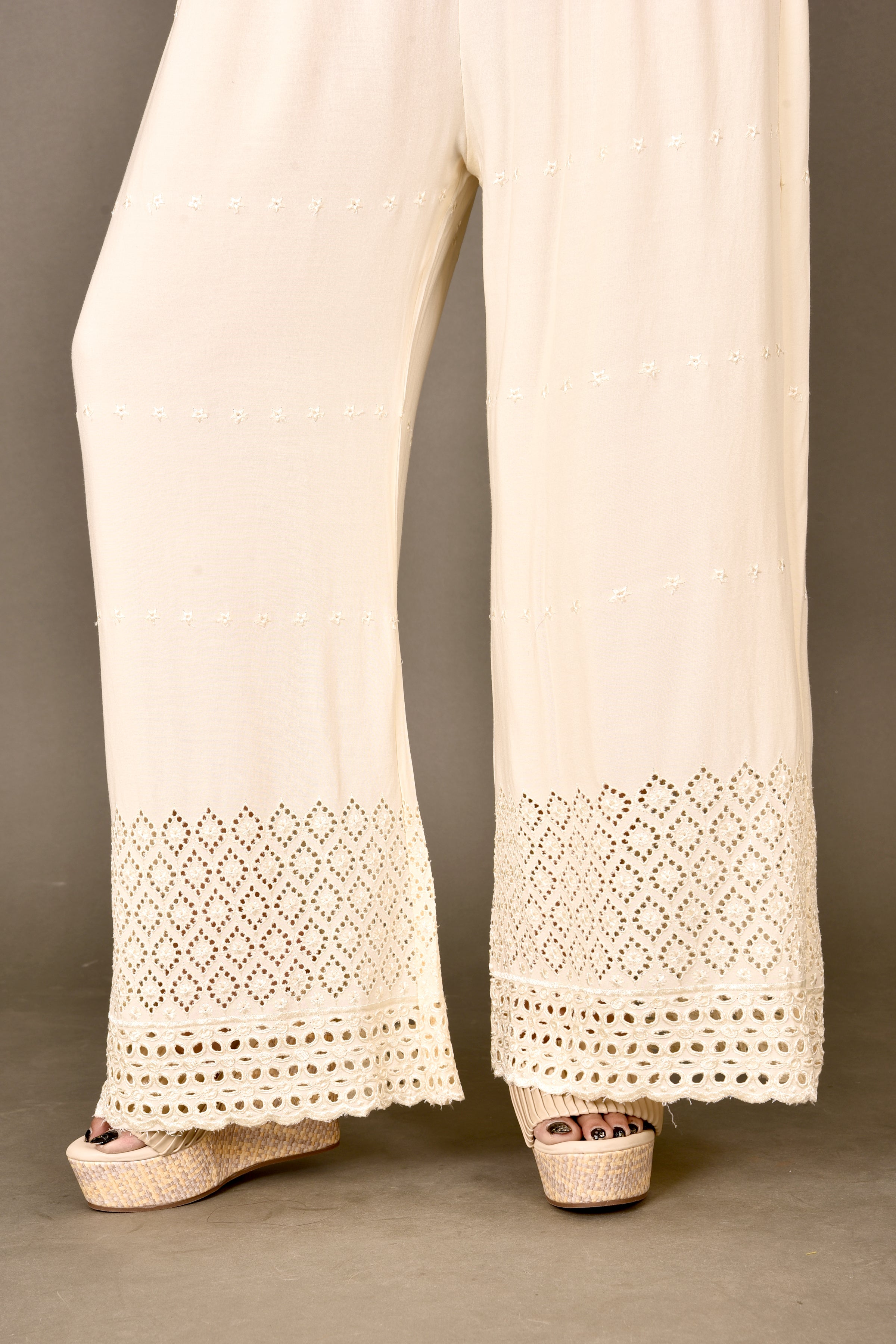 Beige Schiffli Embroidered Palazzo