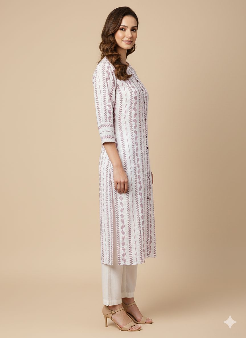 Off-White Paisley Print Straight Kurta