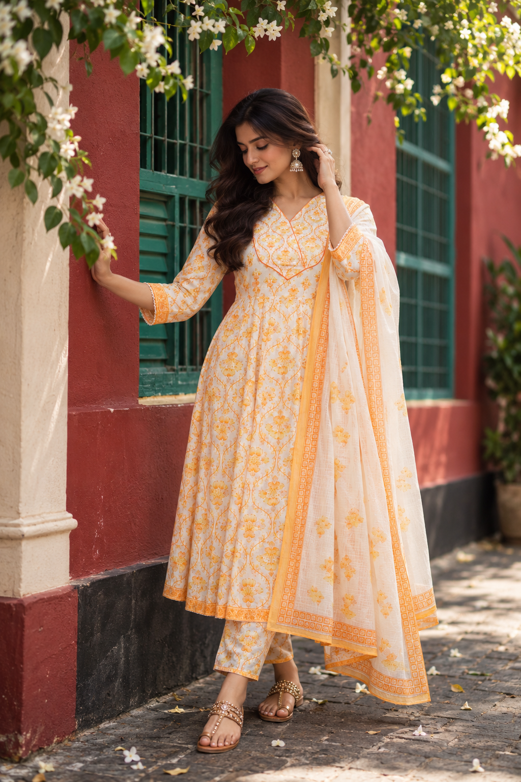 Yellow Floral Embroidered Anarkali Kurta with Pant & Dupatta