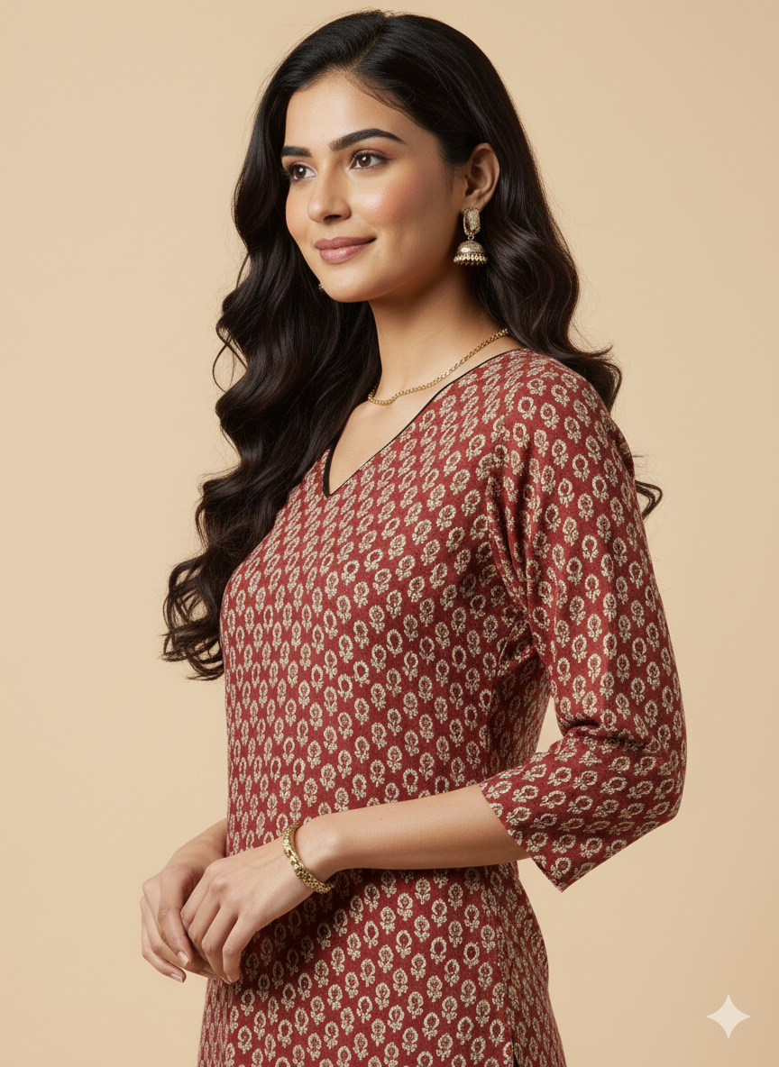 Maroon Floral Print Straight Kurta