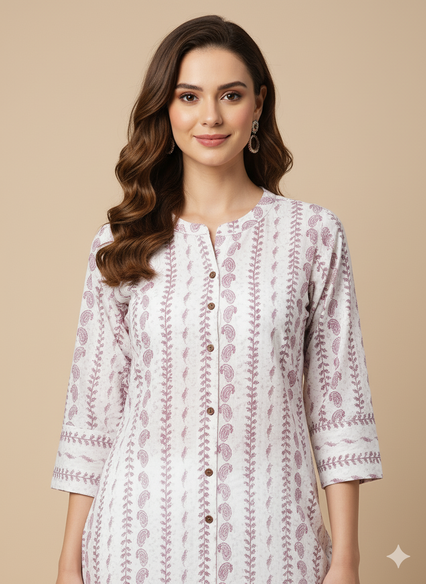 Off-White Paisley Print Straight Kurta