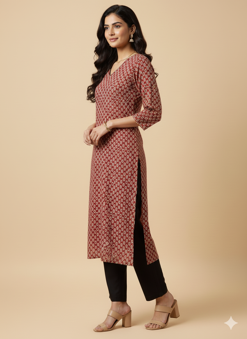 Maroon Floral Print Straight Kurta