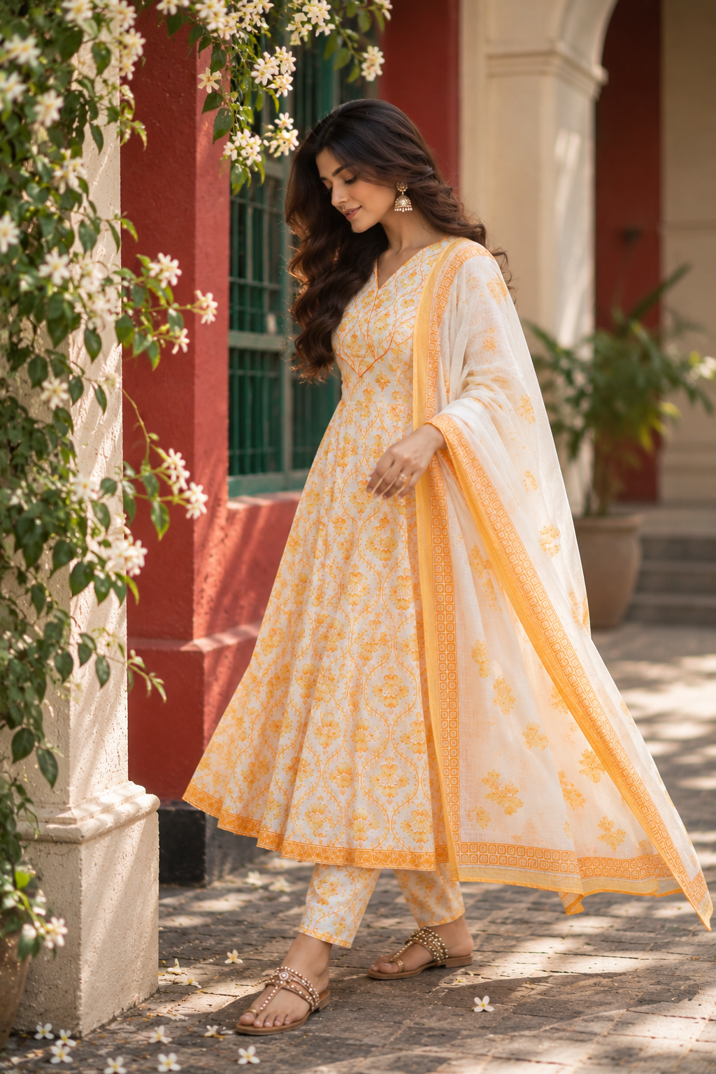 Yellow Floral Embroidered Anarkali Kurta with Pant & Dupatta