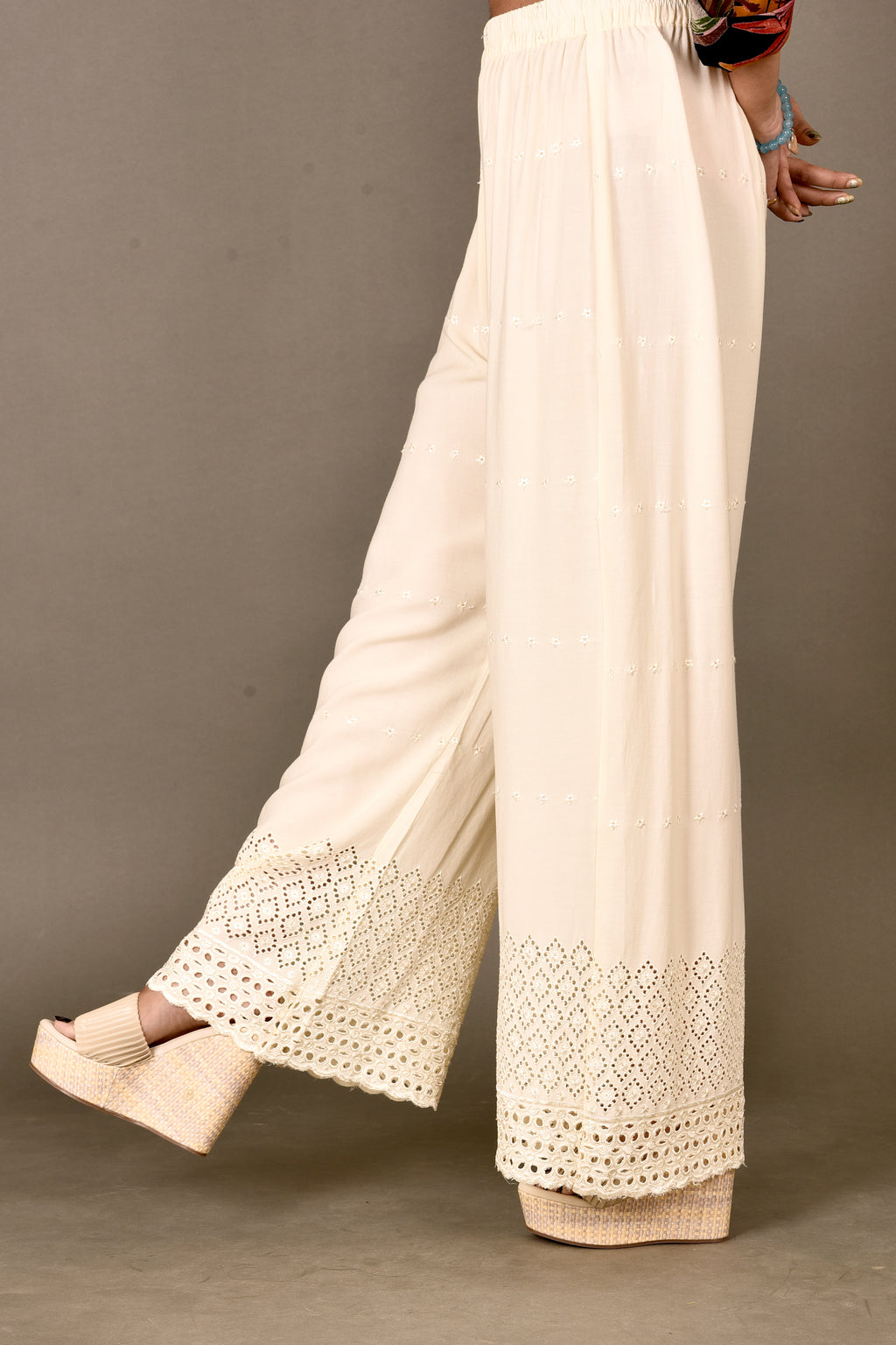 Beige Schiffli Embroidered Palazzo