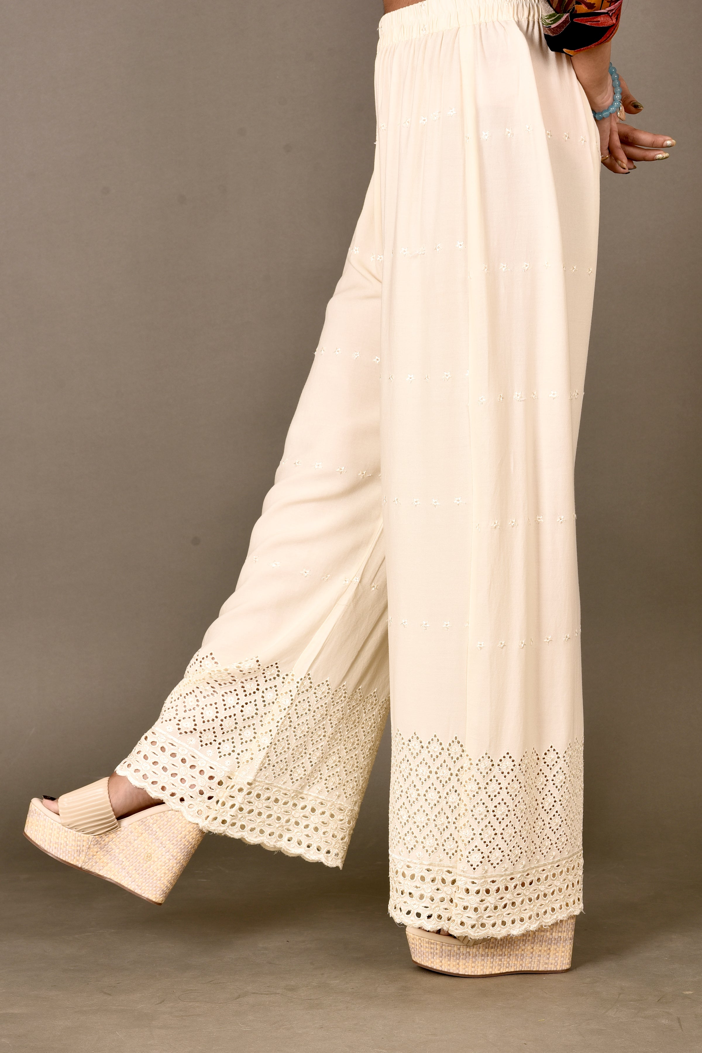 Beige Schiffli Embroidered Palazzo