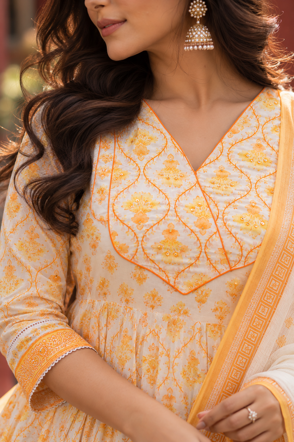 Yellow Floral Embroidered Anarkali Kurta with Pant & Dupatta