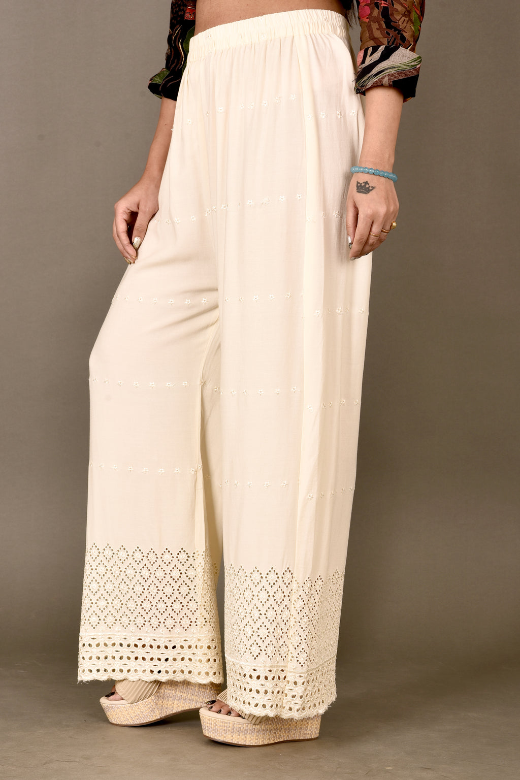 Beige Schiffli Embroidered Palazzo