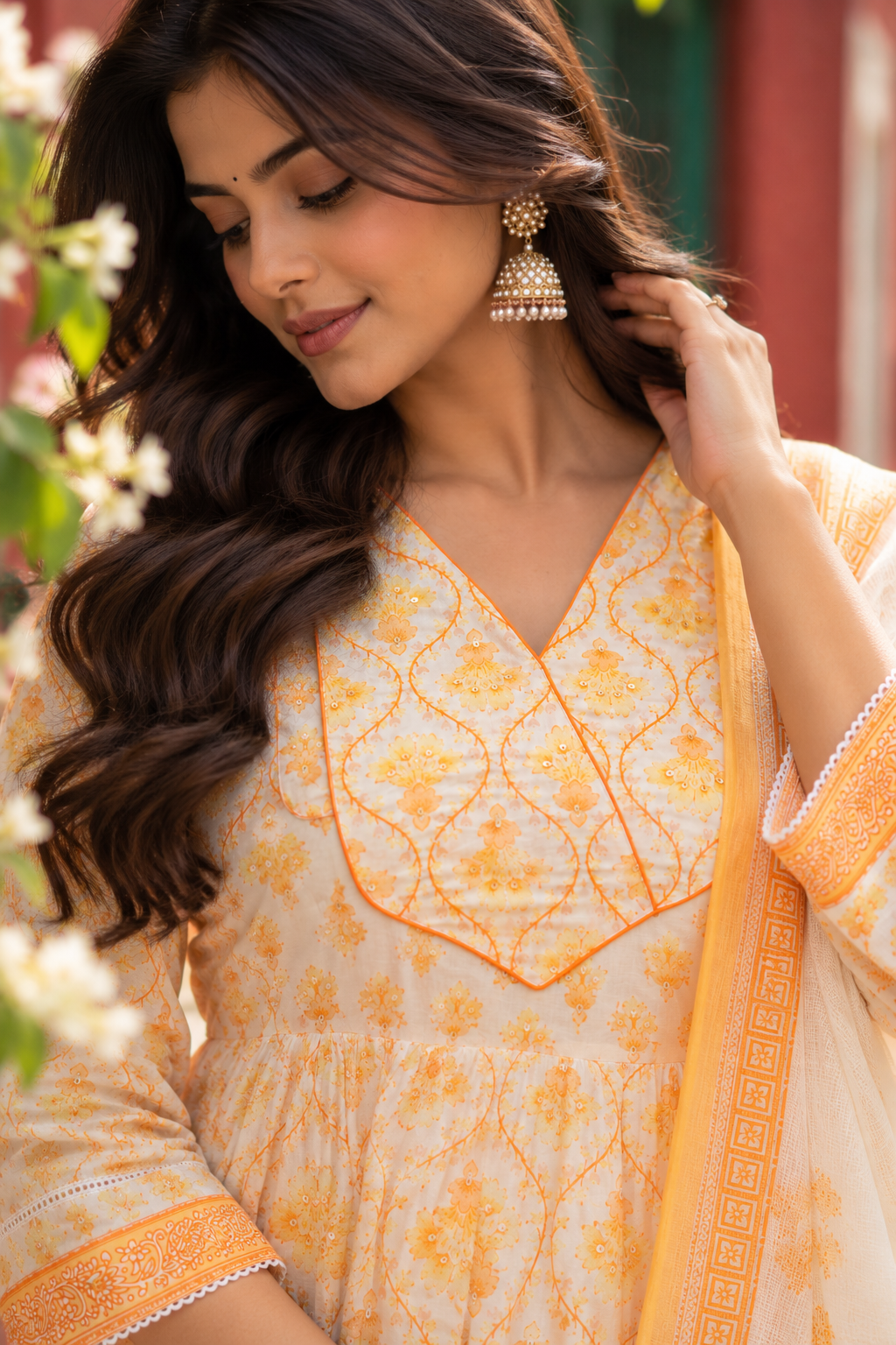 Yellow Floral Embroidered Anarkali Kurta with Pant & Dupatta