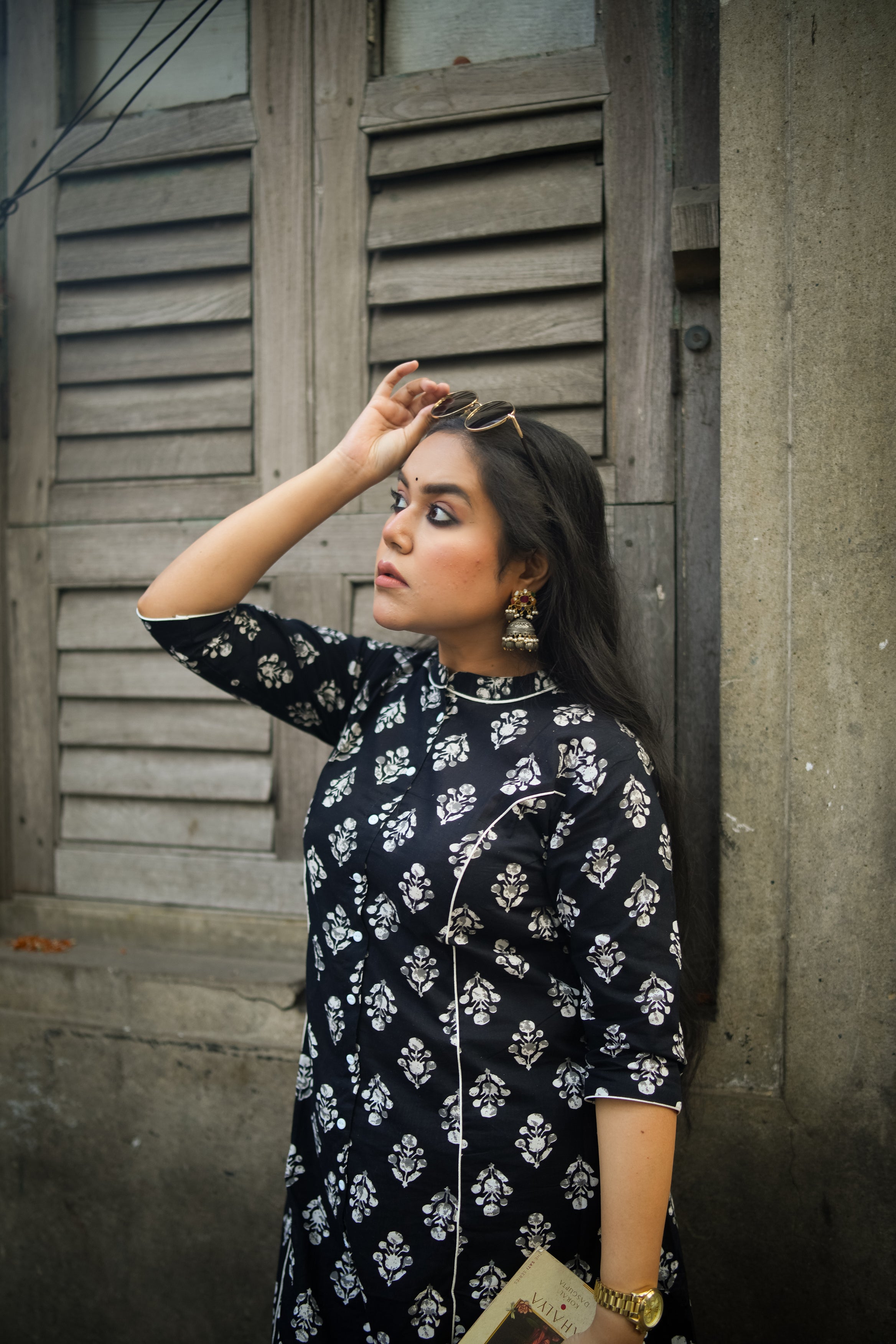 Jet Black Floral Print A-Line Kurta With Pant