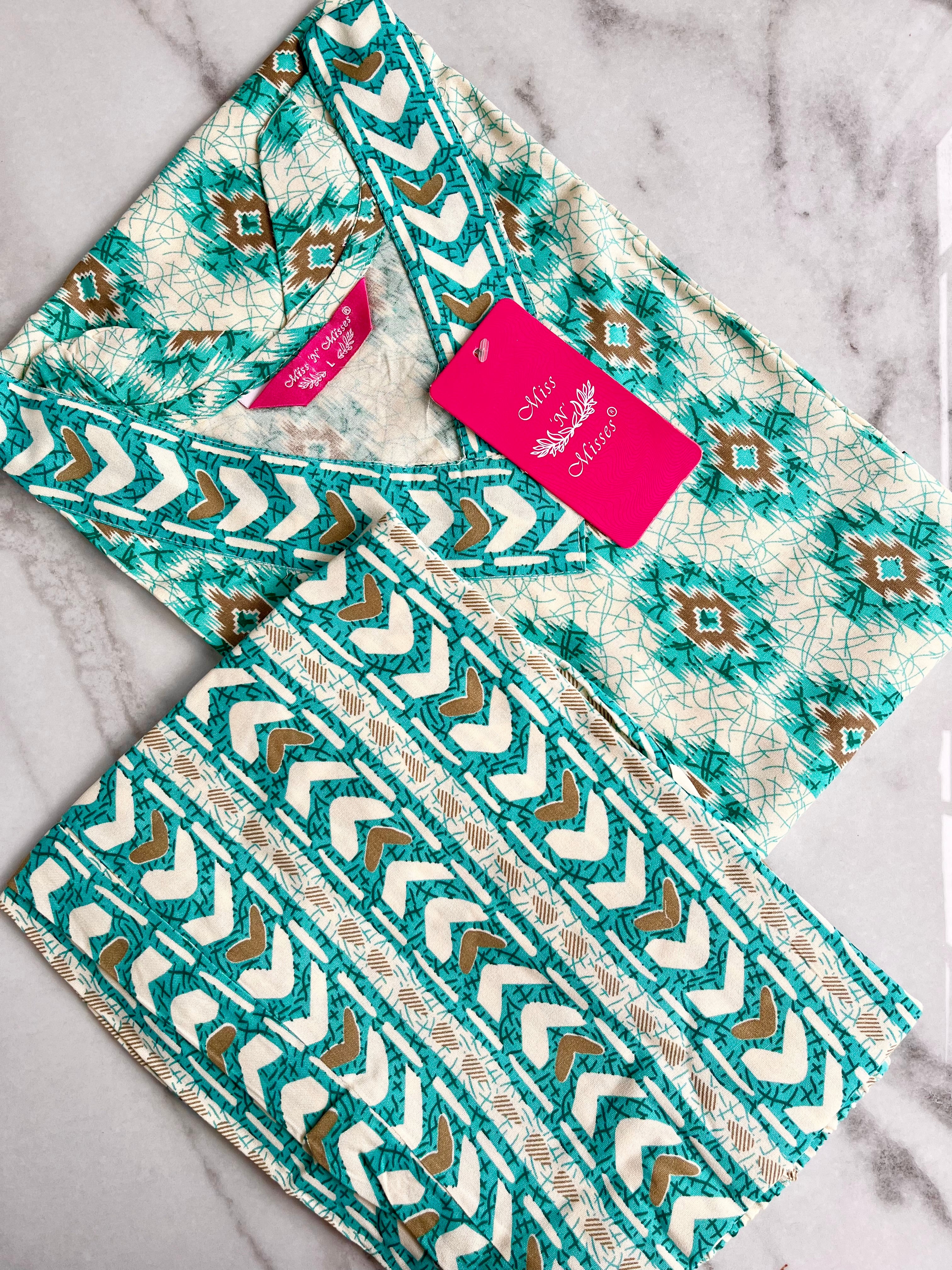 Aqua Blue Geometric Print Kurta With Pant