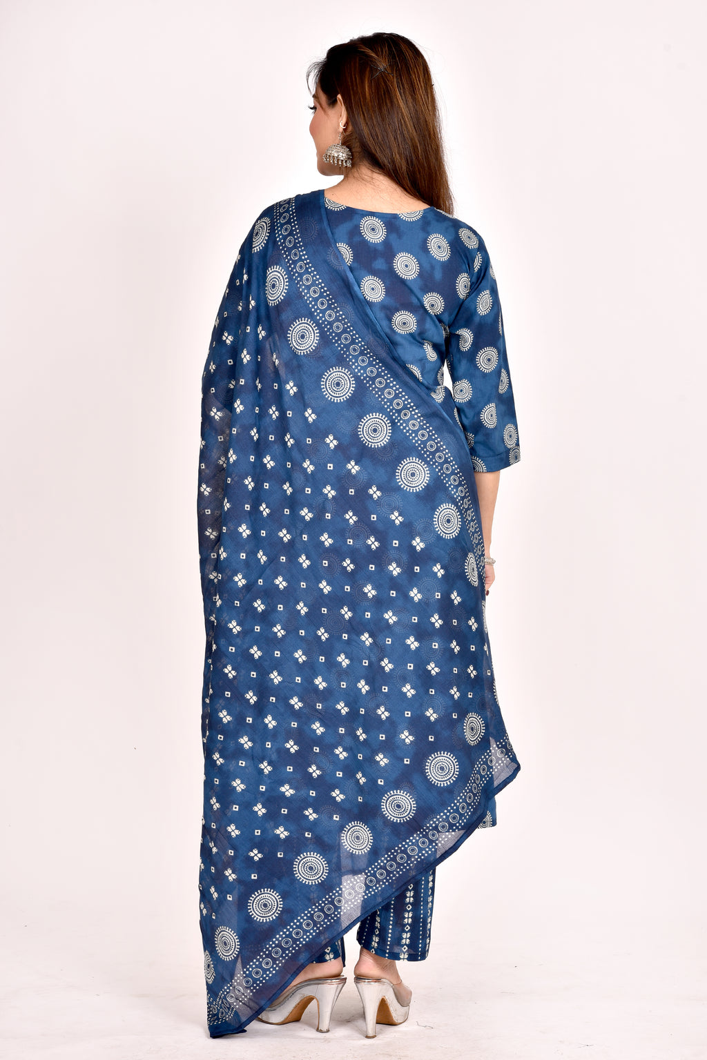French Blue Geometric Print Kurta With Pant & Dupatta