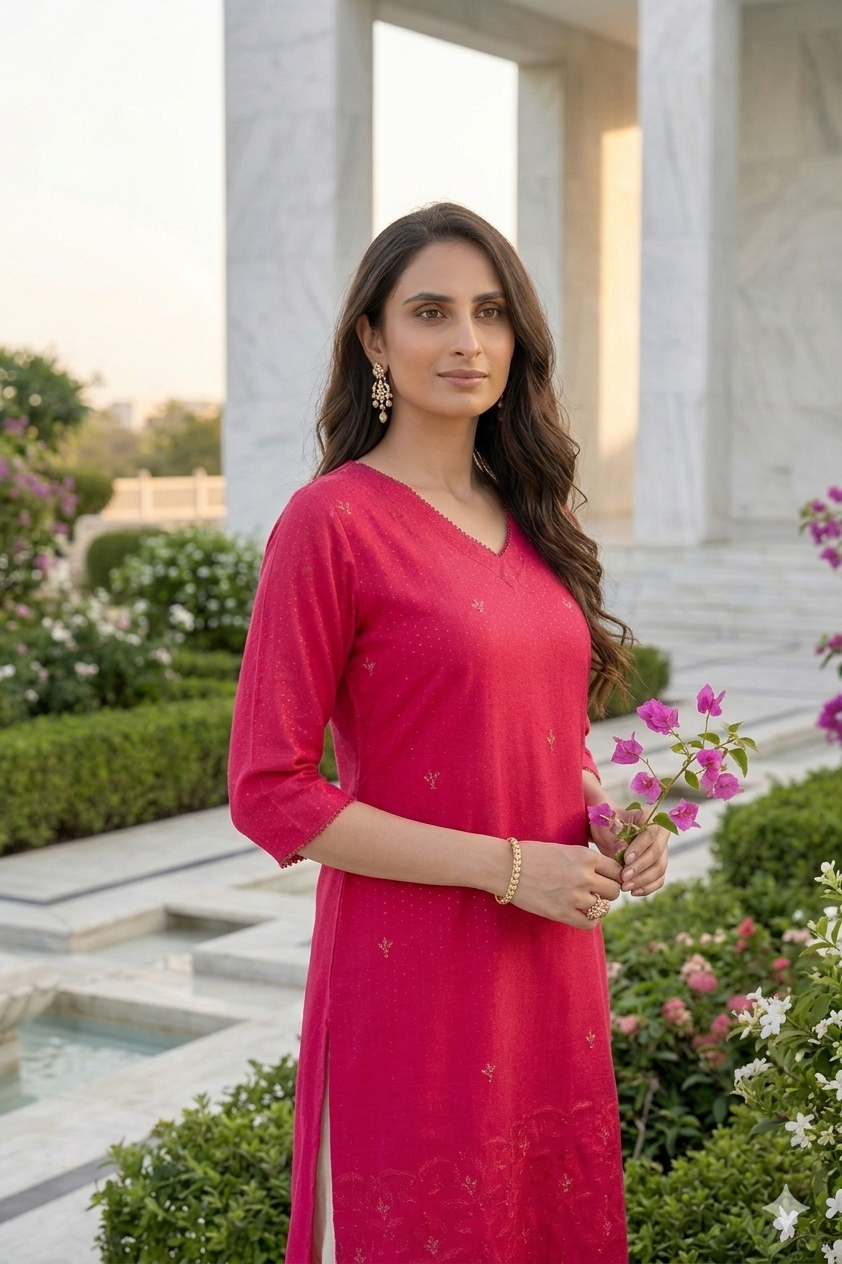 Magenta Pink Embroidered Kurta