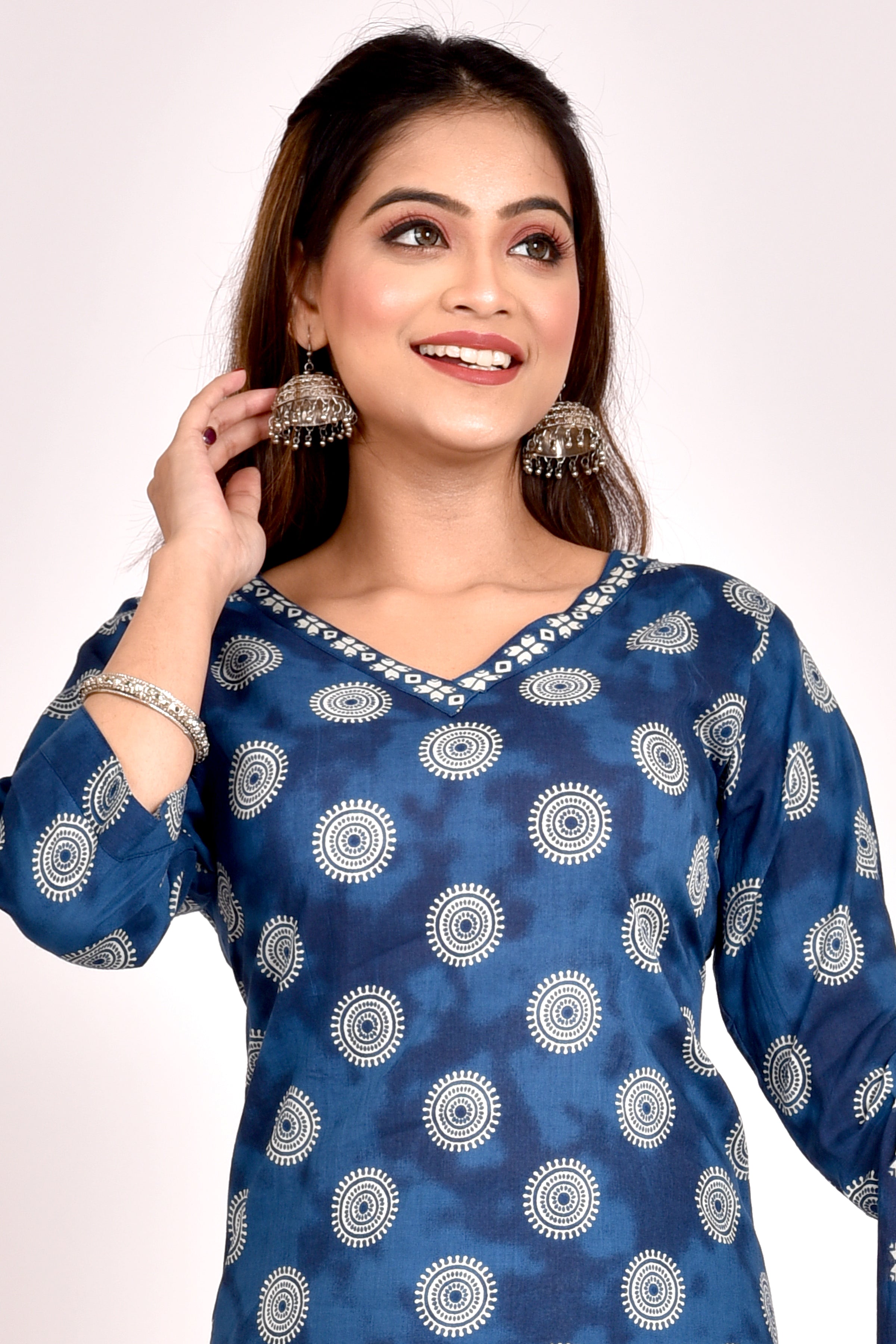 French Blue Geometric Print Kurta With Pant & Dupatta
