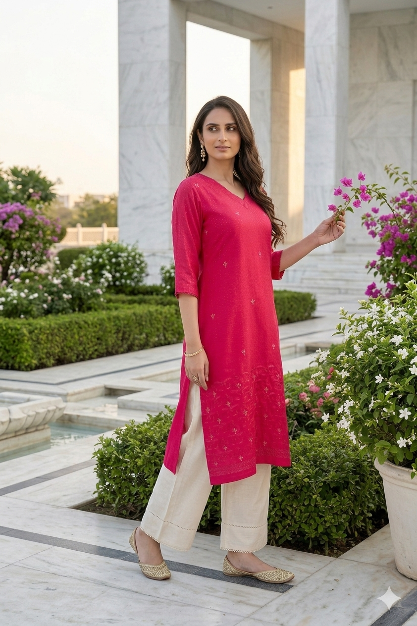 Magenta Pink Embroidered Kurta