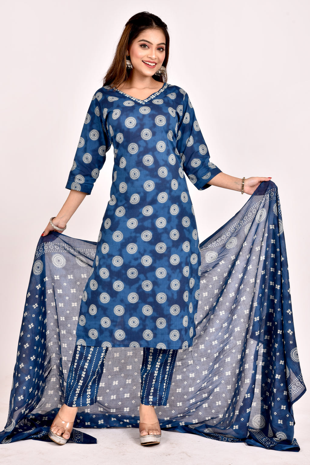 French Blue Geometric Print Kurta With Pant & Dupatta