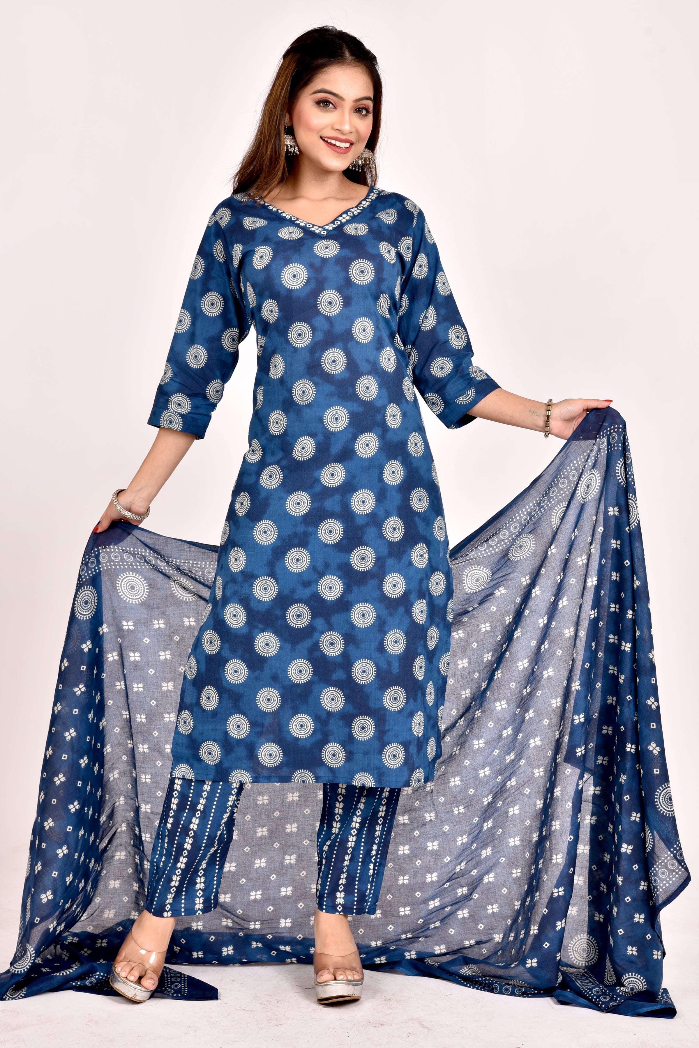 French Blue Geometric Print Kurta With Pant & Dupatta
