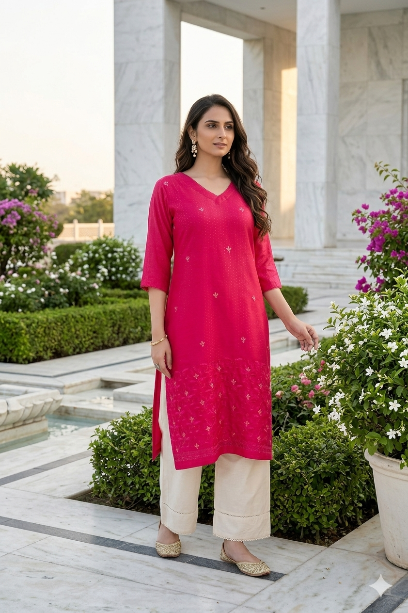 Magenta Pink Embroidered Kurta