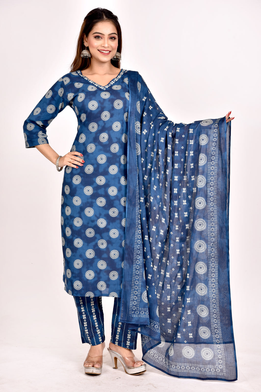 French Blue Geometric Print Kurta With Pant & Dupatta