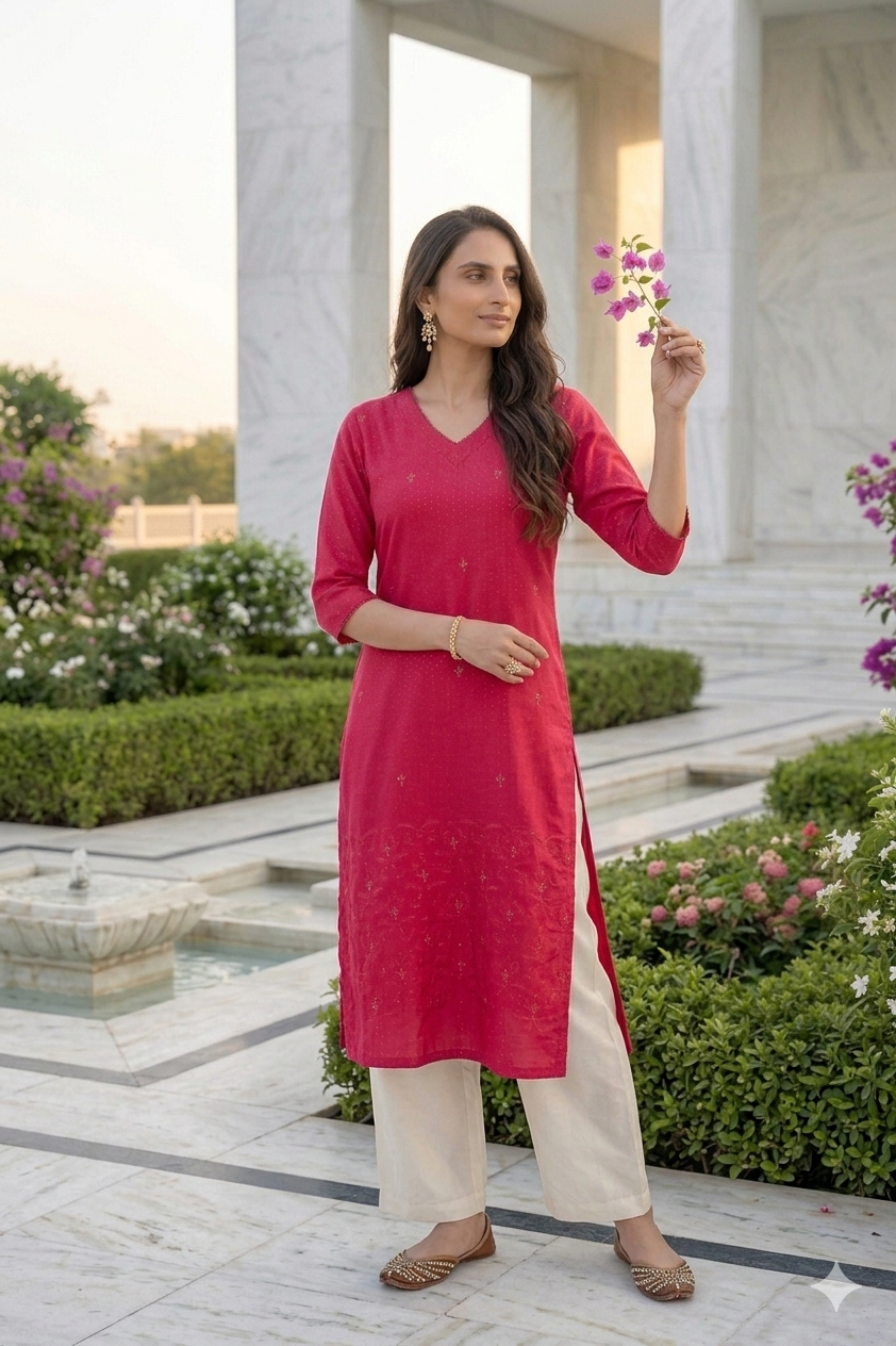 Magenta Pink Embroidered Kurta