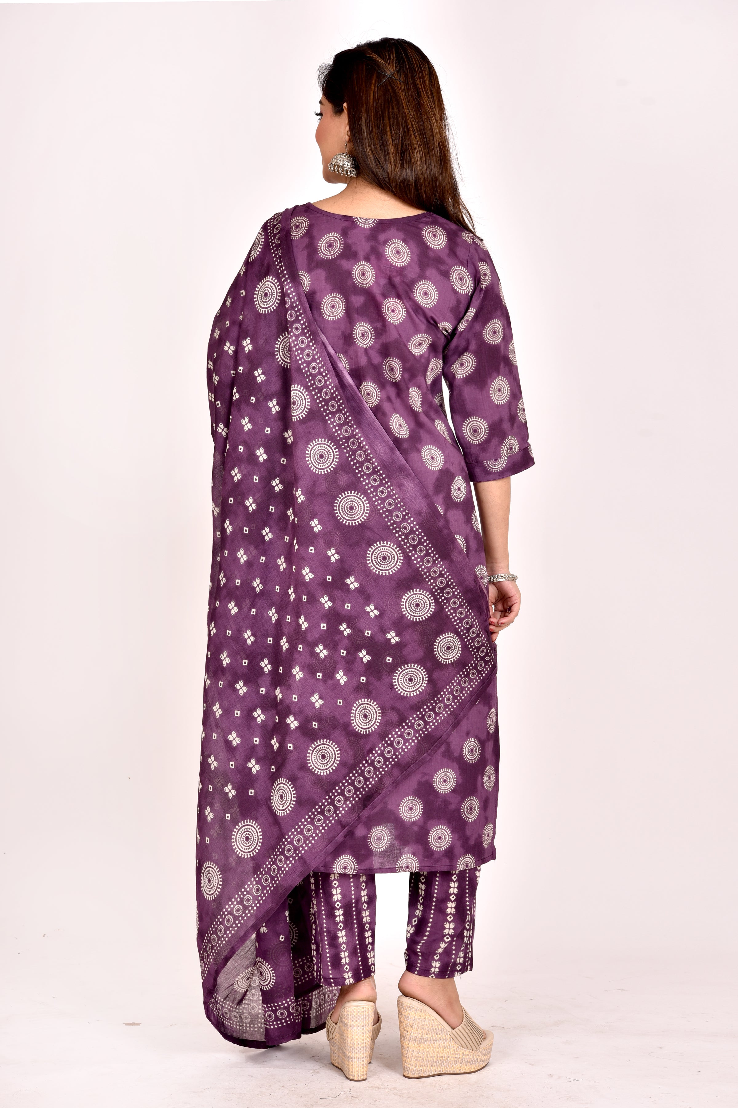 Purple Geometric Print Kurta With Pant & Dupatta