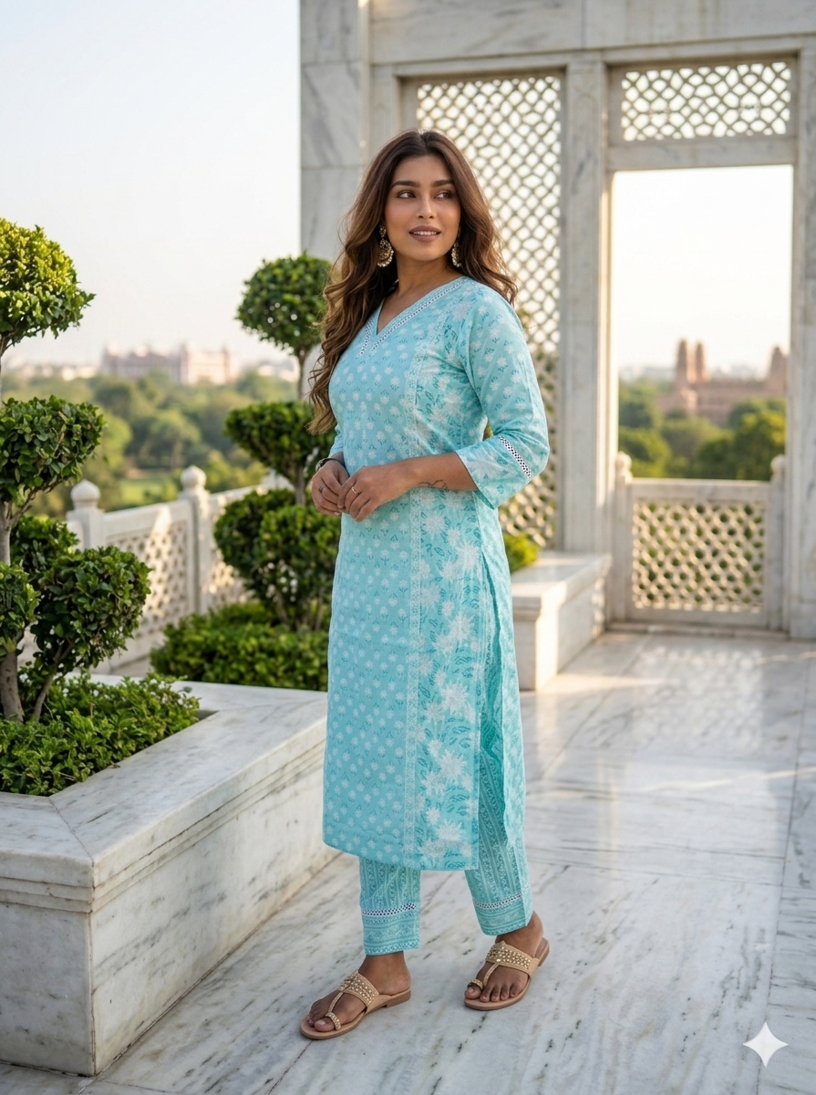 Aqua Blue Mix & Match Floral Print Kurta With Pant