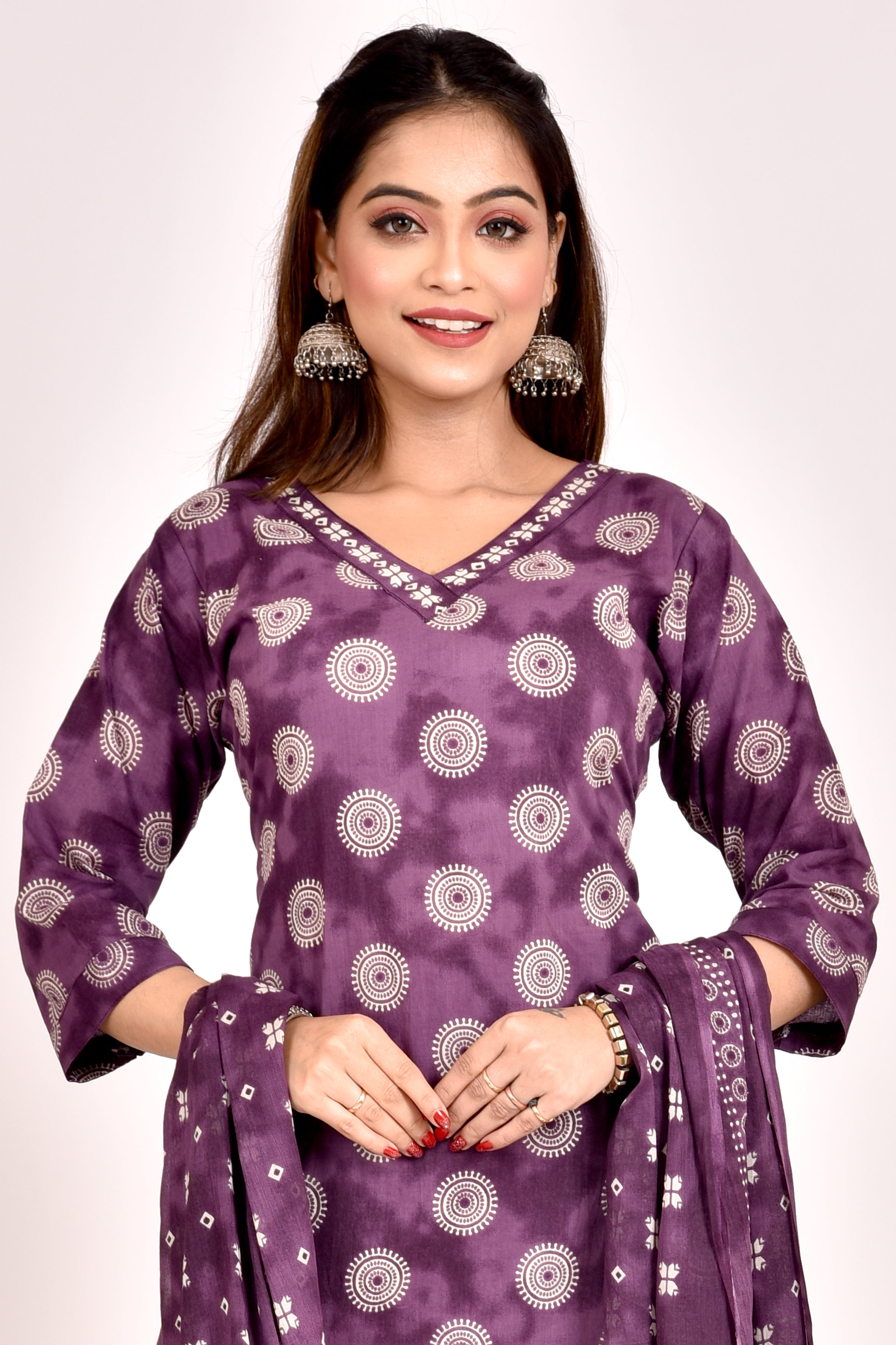 Purple Geometric Print Kurta With Pant & Dupatta