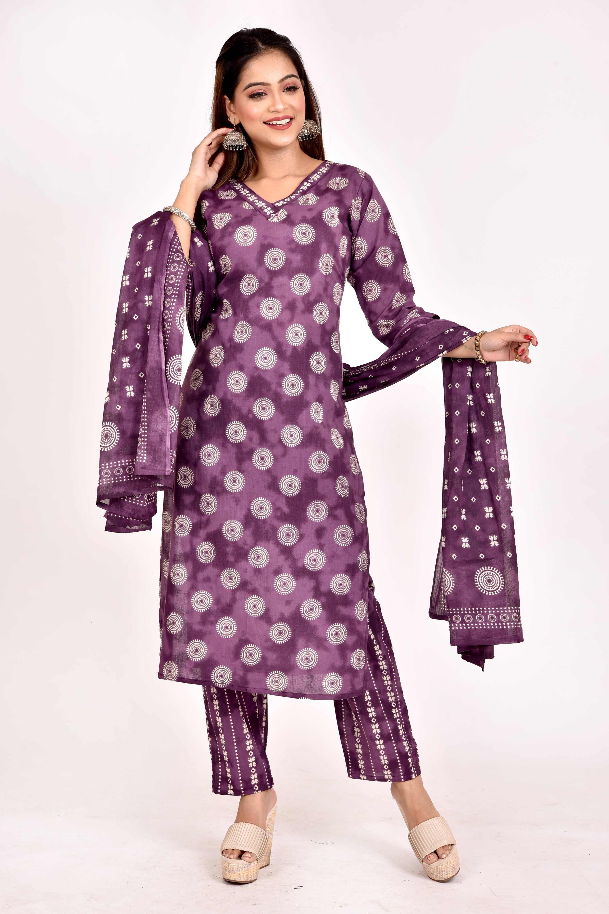 Purple Geometric Print Kurta With Pant & Dupatta