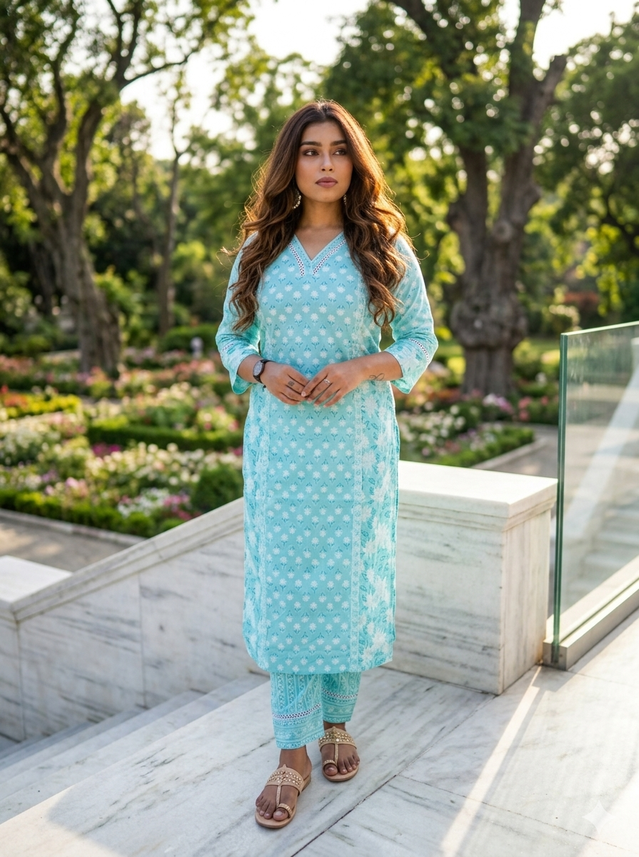 Aqua Blue Mix & Match Floral Print Kurta With Pant